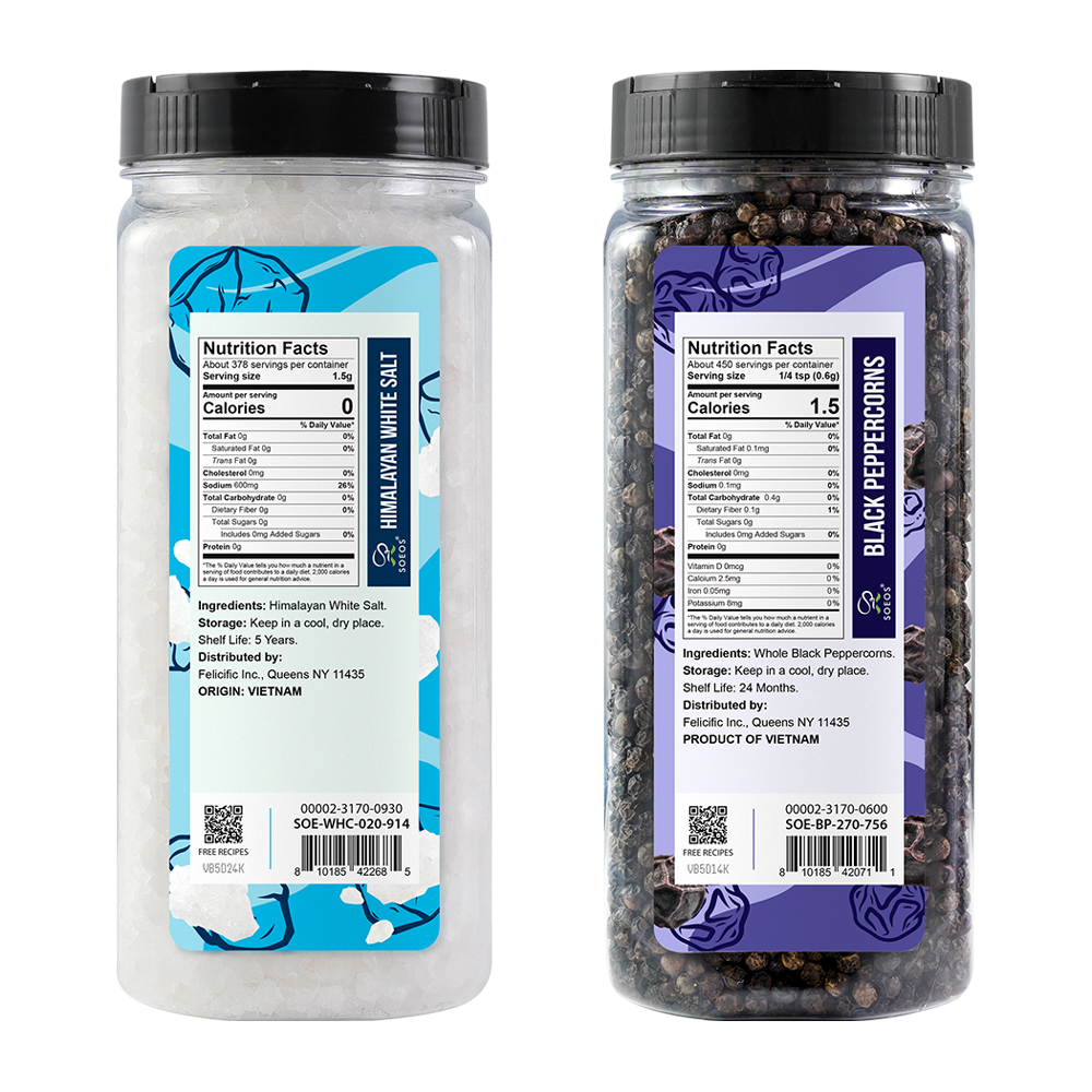 Sea Salt, Coarse Grain, 20 Oz (1.25 Pound) + Soeos Whole Black Peppercorns 270 g (9.5oz)