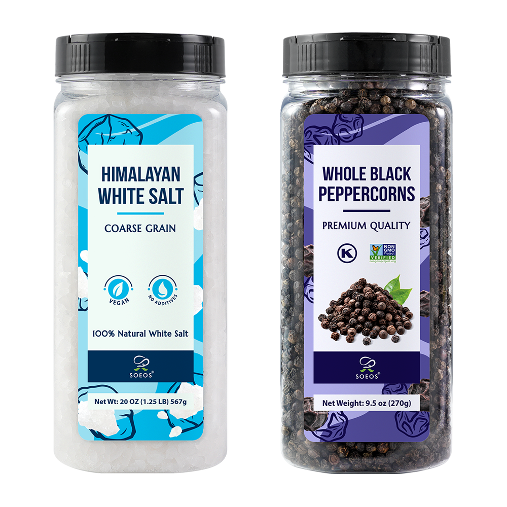 Sea Salt, Coarse Grain, 20 Oz (1.25 Pound) + Soeos Whole Black Peppercorns 270 g (9.5oz)
