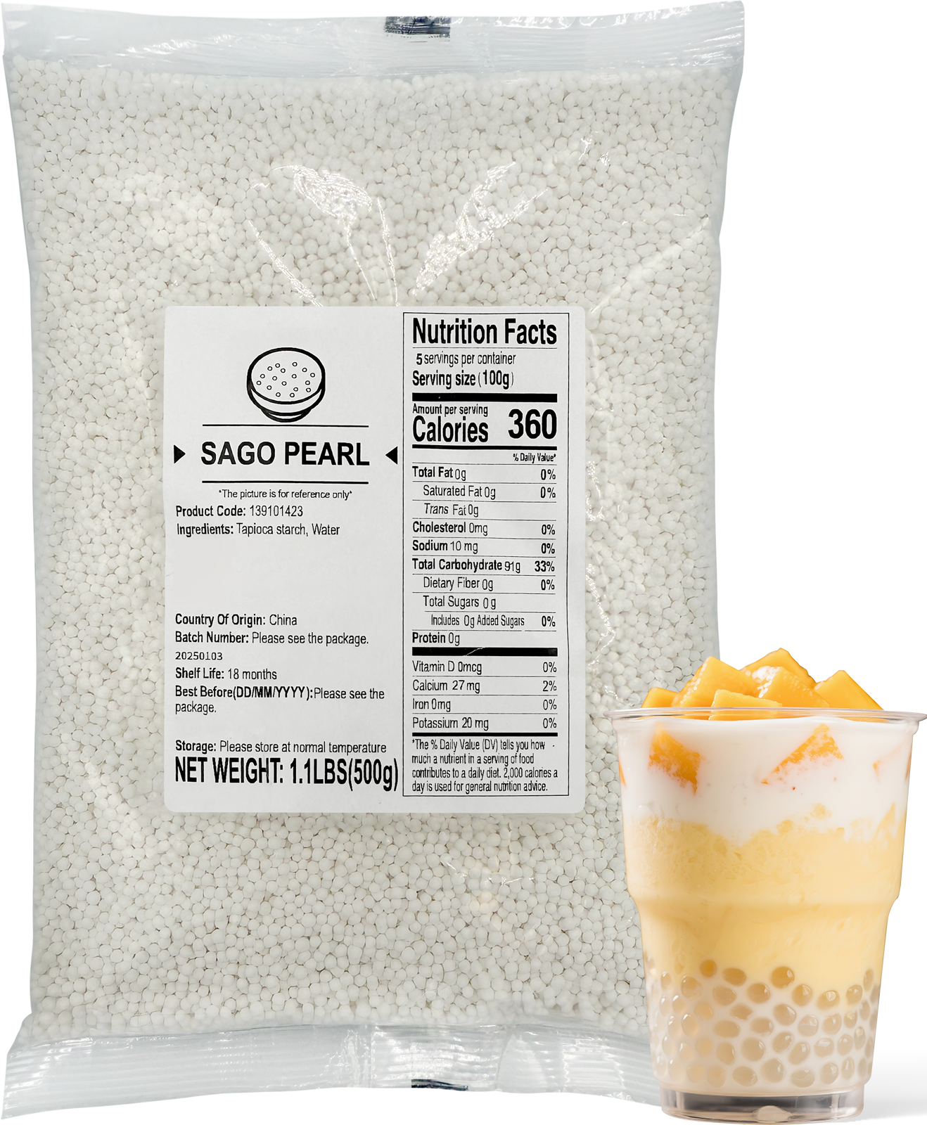 Sago Tapioca Pearls, 1.1 lbs (500g)