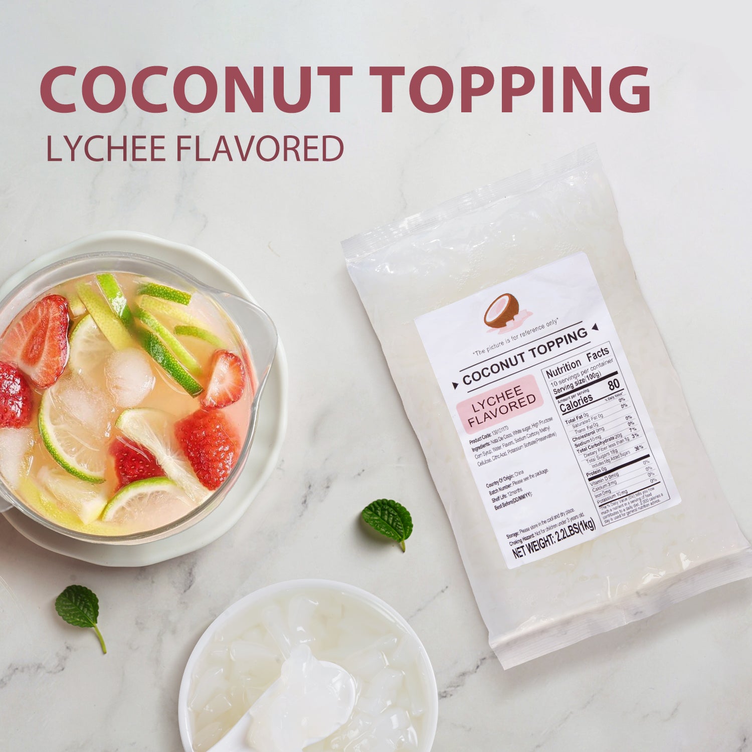 Lychee Flavored Coconut Jelly Strips, 2.2 lbs (1 Kg)