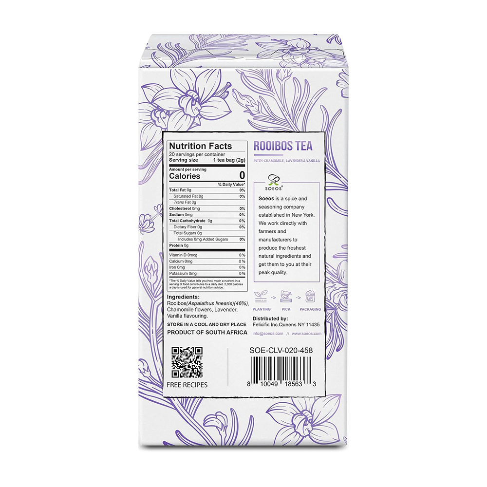 Soeos Rooibos Tea with Chamomile, Lavender and Vanilla, Caffeine Free, 20 Teabags, 1.4oz (40g)