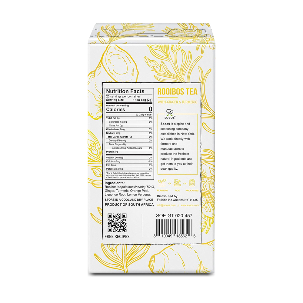 Soeos Rooibos Tea with Ginger and Turmeric, Naturally Sweet, Caffeine Free, 20 Teabags, 1.4oz (40g)