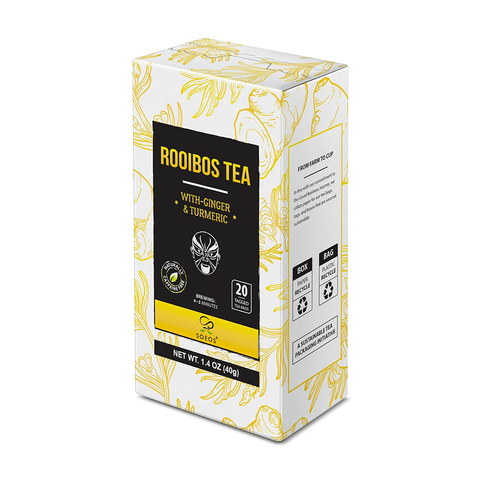 Soeos Rooibos Tea with Ginger and Turmeric, Naturally Sweet, Caffeine Free, 20 Teabags, 1.4oz (40g)