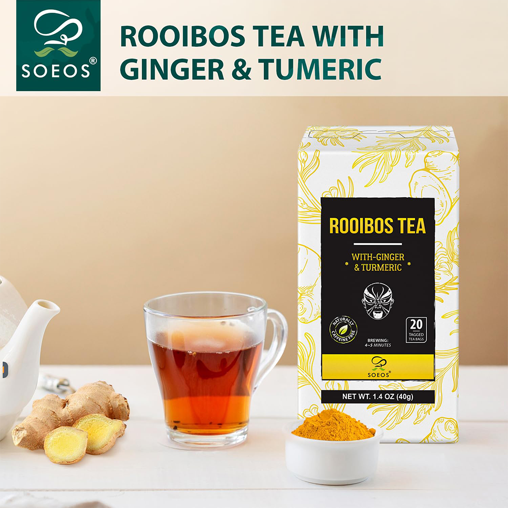 Soeos Rooibos Tea with Ginger and Turmeric, Naturally Sweet, Caffeine Free, 20 Teabags, 1.4oz (40g)