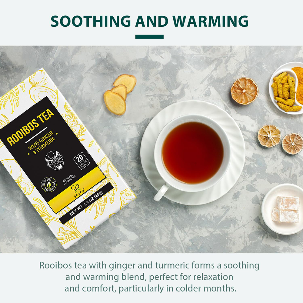 Soeos Rooibos Tea with Ginger and Turmeric, Naturally Sweet, Caffeine Free, 20 Teabags, 1.4oz (40g)