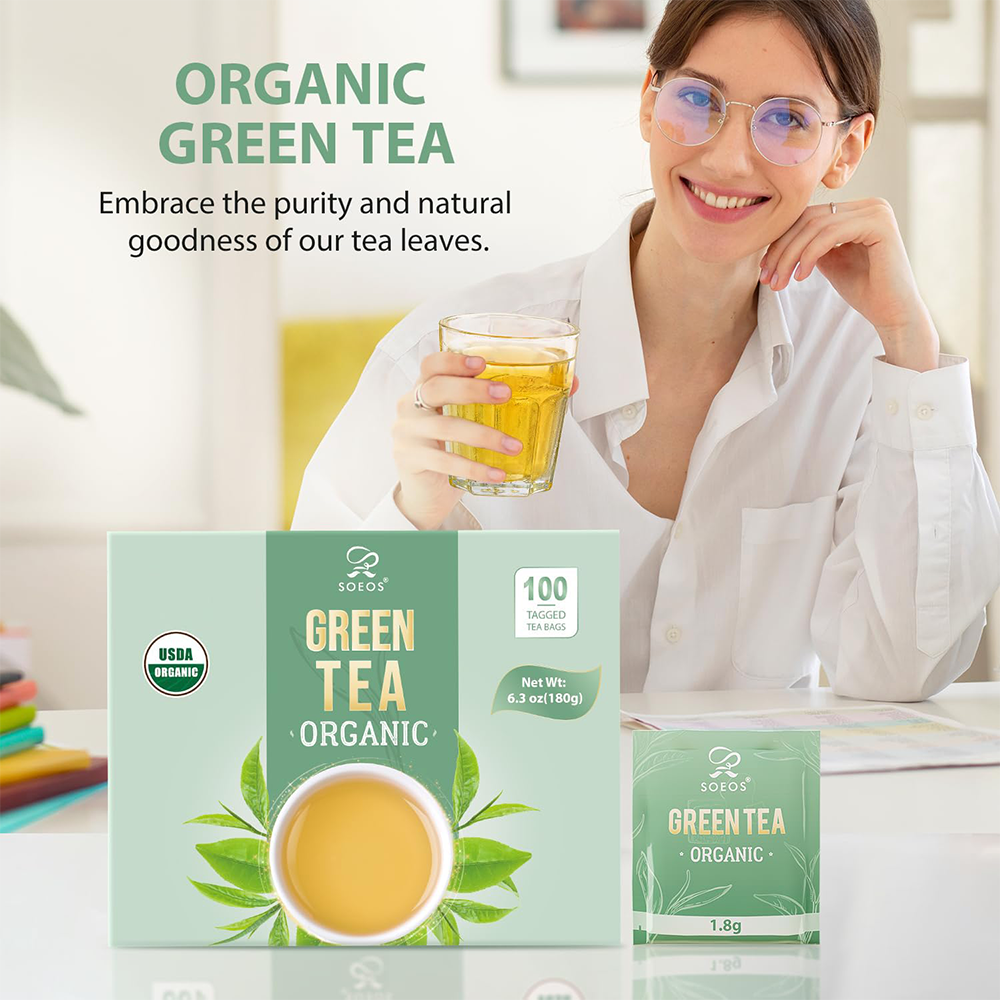 Soeos Organic Green Tea 6.3oz, 100 Tea Bags, Low Caffeine, Fresh and Healthy Drink