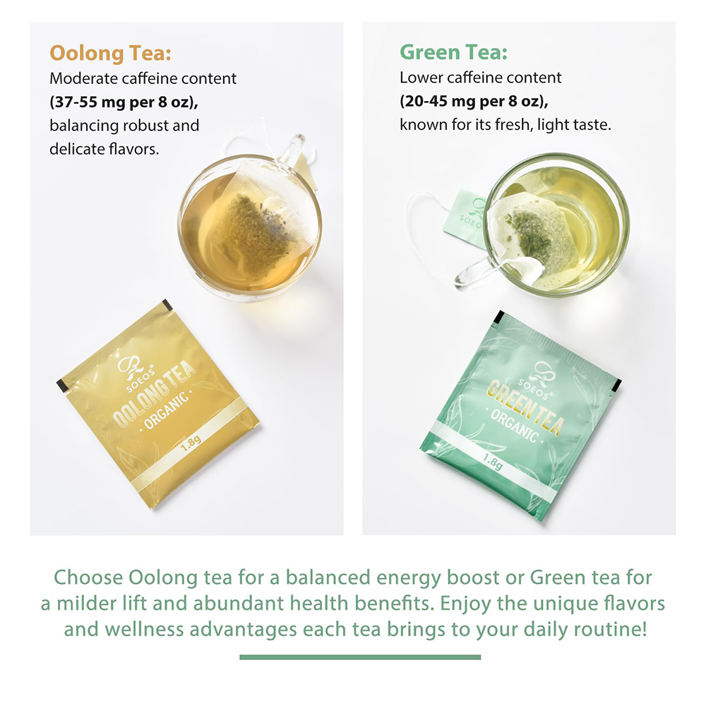 Soeos Organic Green Tea 6.3oz, 100 Tea Bags, Low Caffeine, Fresh and Healthy Drink