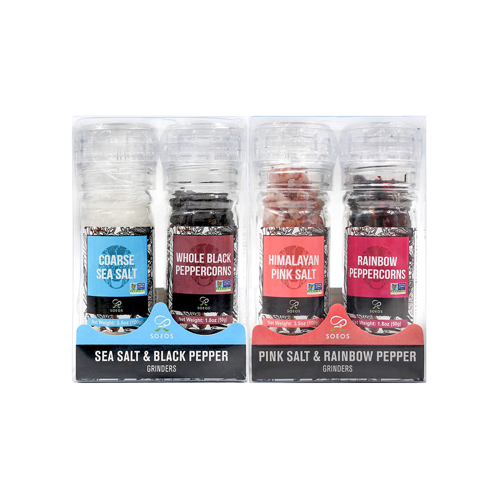 Soeos Rainbow Peppercorns 50g + Pink Salt 100g (100ml Grinders, Glass Bottle)