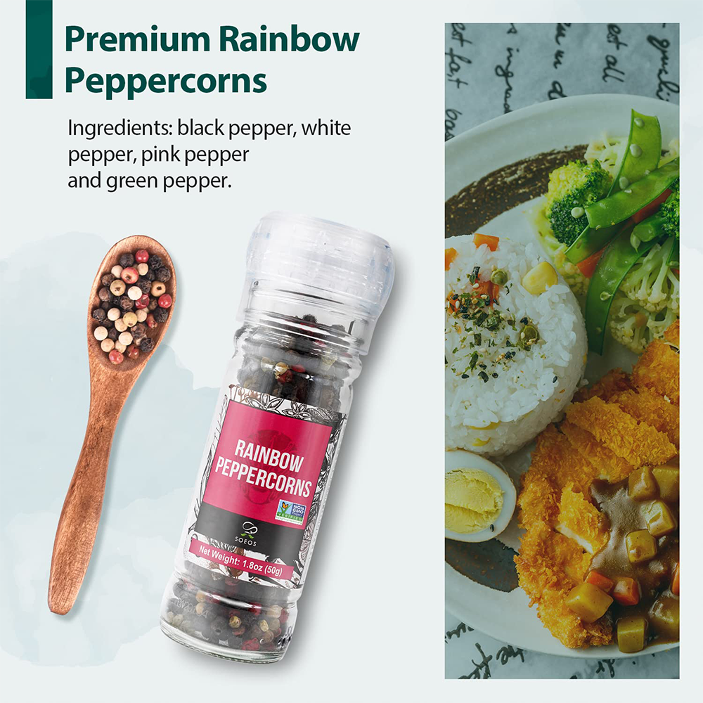 Soeos Rainbow Peppercorns 50g + Pink Salt 100g (100ml Grinders, Glass Bottle)