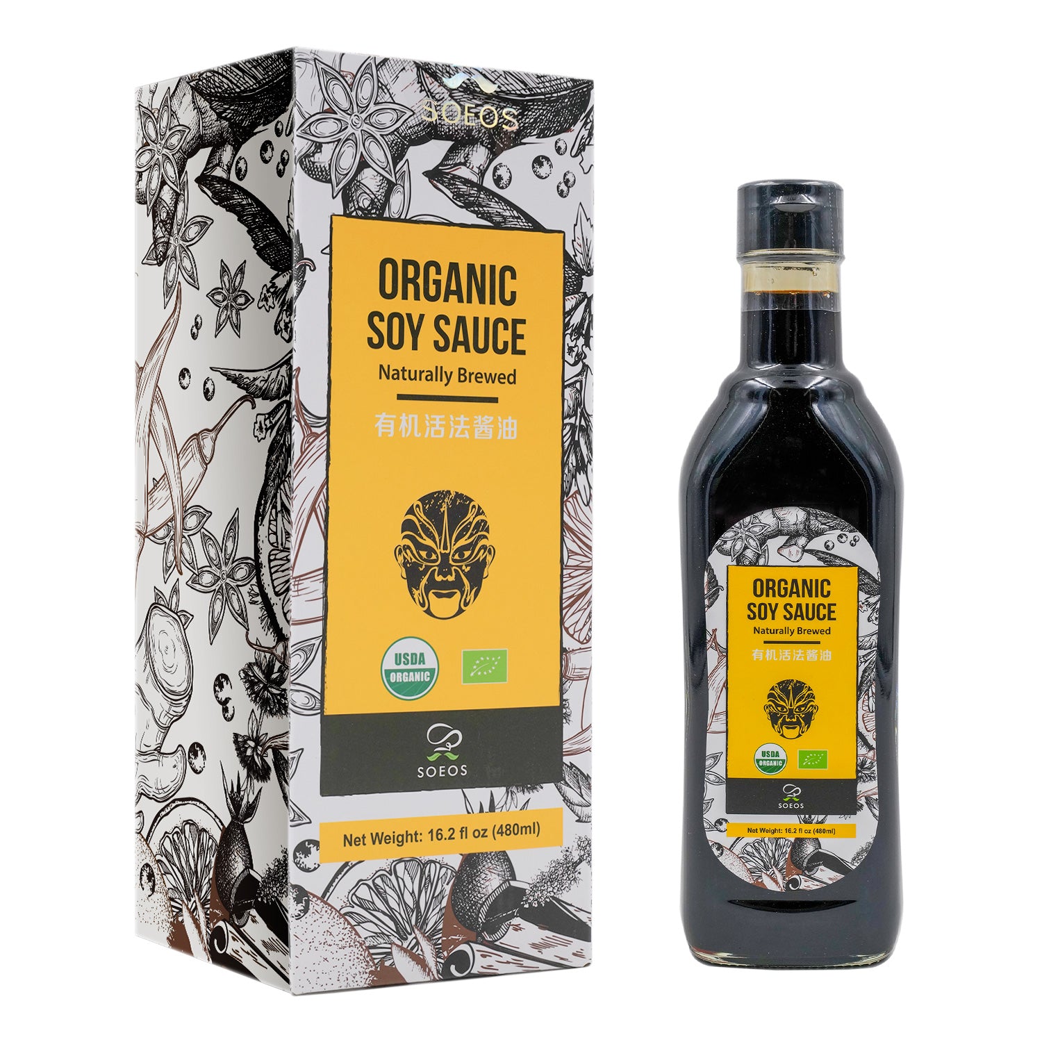 Soeos organic naturally brewed soy sauce and its box case.