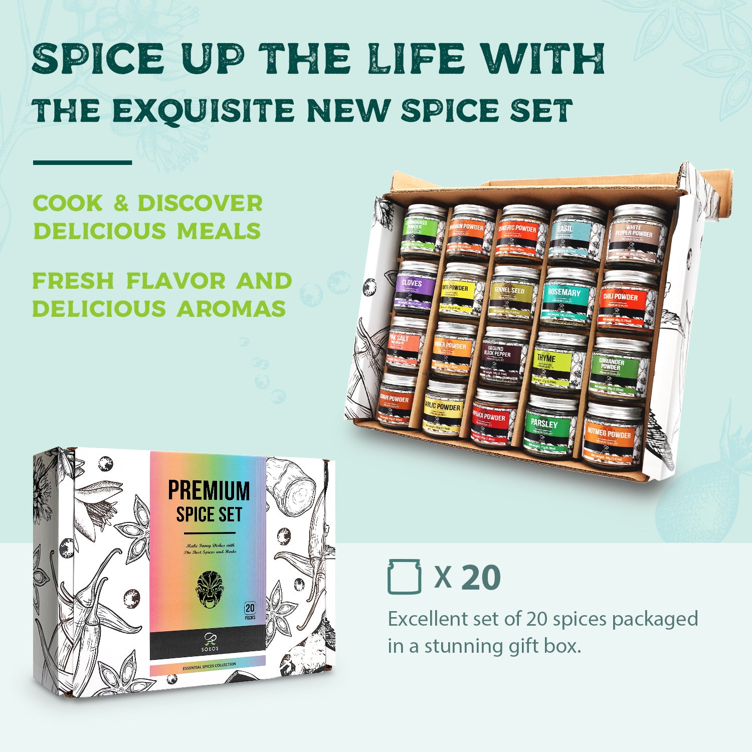 Spice Seasoning Set of 20, Pure and Fresh Starter Spice Set