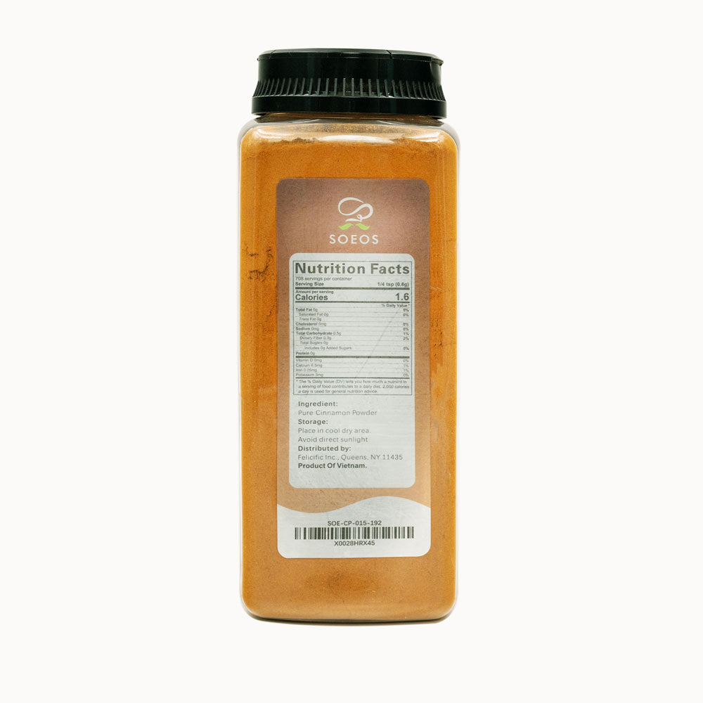 A backview of a SOEOS ground cinnamon powder with its ingredients, storage methods, and nutrition facts label.