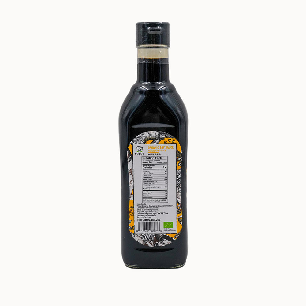 The nutrition facts label of Soeos organic naturally brewed soy sauce.